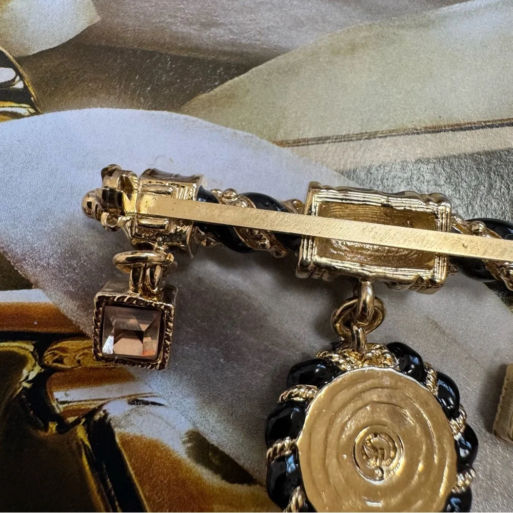 St John Vintage Black Enamel Gold Tone Bar Brooch Light Brown Crystal Charms 22k